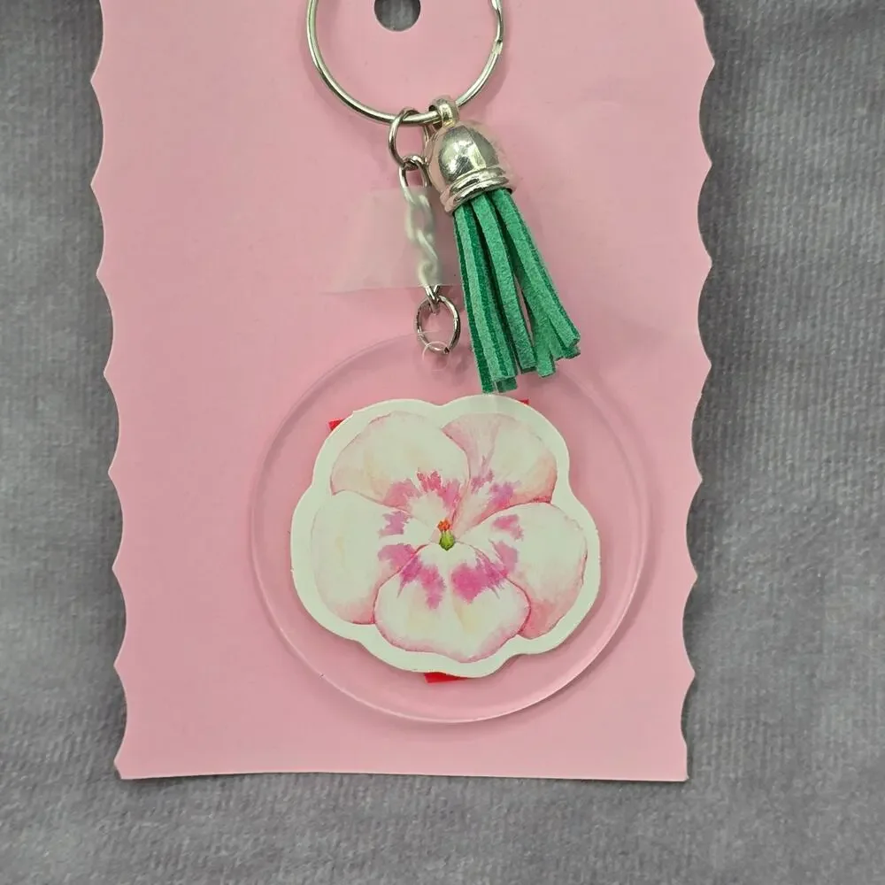 Letter Keychain Clear Silver Circle Handmade‎ Acrylic Tassel Flower V Green